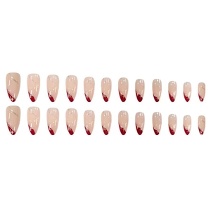 Elegant nude pink and wine red French press-on nails set with silver glitter lines