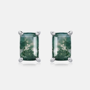 Natural green moss agate stud earrings in S925 sterling silver with rectangle cut stones
