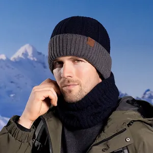 Winter knit beanie and neck warmer set in navy and grey with warm fleece lining