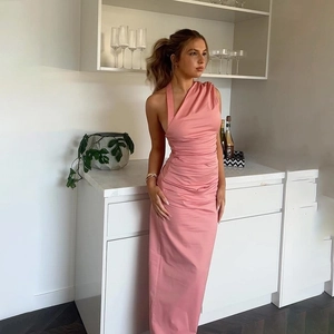 Detailed view of pink one-shoulder halter dress with elegant ruching and slim fit design