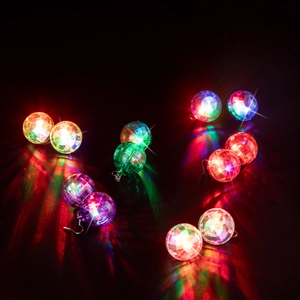 Luminous disco ball drop earrings with colorful LED lights for 70s retro party vibes