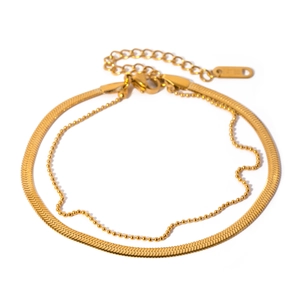 Double layer 18K gold snake and bead chain anklet for women with lobster clasp