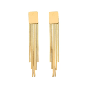 Minimalist long tassel drop earrings in gold finish featuring rectangular metal stud