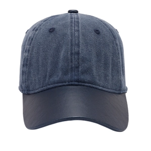 Classic navy denim baseball cap with faux leather brim and six-panel soft top design