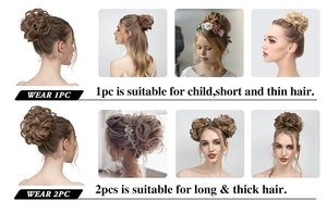 Detail showing usage of 1pc for thin hair vs 2pcs for thick hair on bun hairpiece