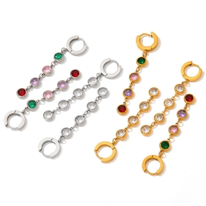 Colorful zircon tassel earrings in geometric gold and silver stainless steel finishes