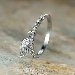 Elegant Copper Dangle Ring With Zircon Pave Feather Wing Pendant Fashion Daily Jewelry For Women Accessory