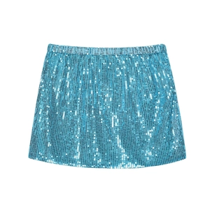 Close-up of bright blue sequin mini skirt with reflective circular texture and A-line cut