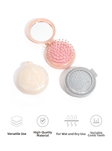 Foldable marble pattern hairbrush with mirror showing dual-length bristle design