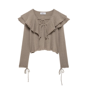 Pull En Maille À Col Volanté Femme Col En V Noeud À Nouer Détail Ajouré Manches Longues Haut Taupe
