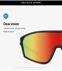Detail of red-yellow gradient lens and black matte frame on sporty polarized sunglasses