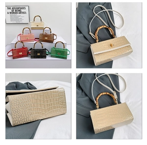 Detail collage of faux crocodile leather handbags featuring iconic bamboo handles and metal locks
