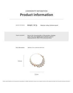 Detail view of oversized faux pearl choker with alloy material and 58.7g weight specs