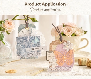 Detail of vintage DIY scrapbook paper with lace, butterfly, and pearl embellishments