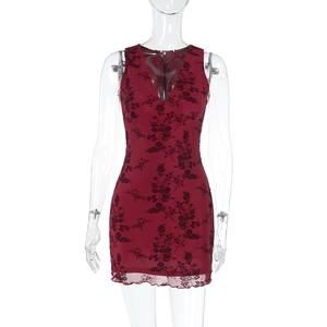 Detailed front view of red floral V-neck sleeveless bodycon mini dress on a mannequin