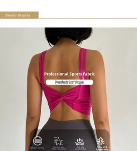 Macro shot of rose red sports bra back with cross knot design and moisture-wicking fabric