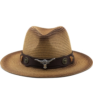 Chapeau De Paille Western Cowboy Bord Large Protection Solaire Dégradé Avec Bande En Similicuir Et Tête De Taureau Pour Hommes Femmes
