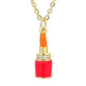 Creative Lipstick Pendant Necklace For Women Copper Gold Plated Enamel Zirconia Inlaid Simple Clavicle Chain Jewelry Accessory