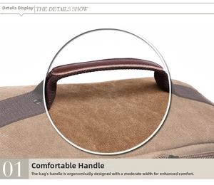 Detail view of the ergonomic leather-wrapped handle on a large canvas backpack