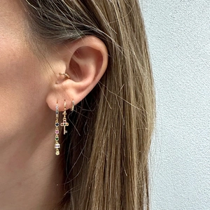 S925 silver needle drop earrings with colorful zircon tassels and key pendant in gold finish