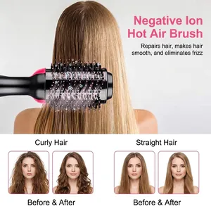 4-in-1 ionic hair dryer brush for curling and straightening hair in black and pink