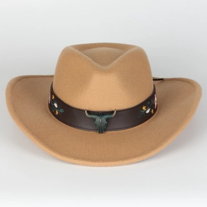 Camel felt fedora with embroidered leather band and vintage bronze bull head accent