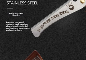 Close-up of stainless steel folding comb handle with brushed metal finish and logo
