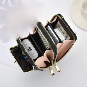 Borsa porta cellulare nera intrecciata con interno rosa e scomparti ad alta capacità