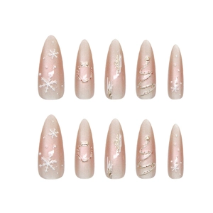 Faux ongles de Noël en forme d'amande avec flocons 3D et dégradé rose effet œil de chat