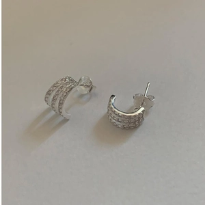 Triple Row Zircon C-Shape Stud Earrings With 925 Sterling Silver Earring Post Minimalist Elegant Women Jewelry