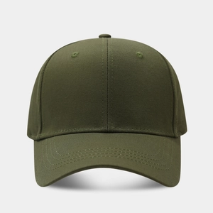 Detailed front view of olive green cotton baseball cap with six-panel structure and curved brim