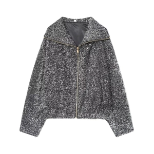 French style metallic thread bomber jacket in black and white tweed with golden zipper