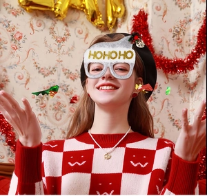 Silver Christmas glasses with HOHOHO text, white fur, and Santa hat detail for parties