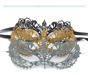 Detailed display of lace party masks in black gold and silver with sparkling rhinestones