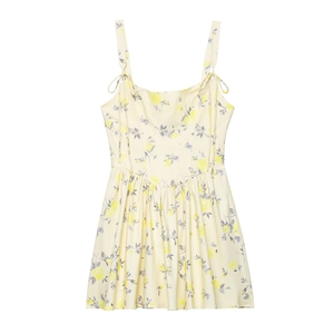 Women Floral Print Mini Dress Bow Tie Straps Square Neck Sleeveless A-Line Summer Sundress Pastoral Style Elegant Party Outfit