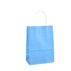 Blue kraft paper gift bag with white twisted paper handles on a plain white background
