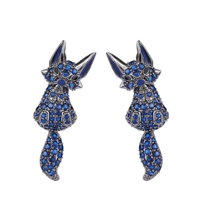 Creative S925 silver fox earrings featuring dark blue crystal inlay on a white background