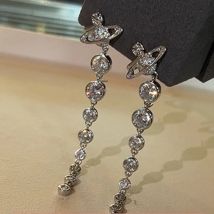 Macro shot of silver Saturn orb drop earrings with cascading cubic zirconia crystals