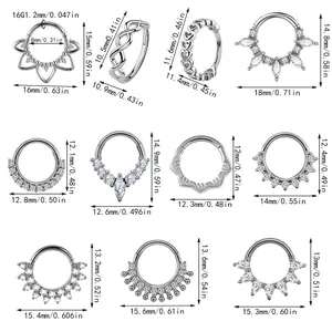 Detailed size chart for marquise zircon and heart-shaped stainless steel piercing rings