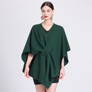 Stylish green oversized knitted shawl cape poncho with a unique knot design for women