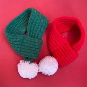 Handmade knitted Christmas pet scarf set with white pom-poms for cats and small dogs
