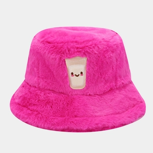 Detailed embroidery patch of cute milk cartoon on pink faux fur bucket hat