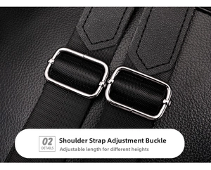 Detailed close-up of adjustable silver metal buckles on premium black leather backpack