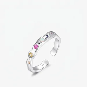 925 Sterling Silver Adjustable Open Ring With Colorful Zirconia Irregular Geometric Rainbow Jewelry For Women
