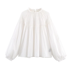 Women White Ruffle Stand Collar Long Sleeve Blouse Pleated Lantern Sleeve Lace Trim Polyester Shirt
