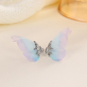 Elegant blue butterfly clip-on earrings with gradient gauze wings and crystal detail
