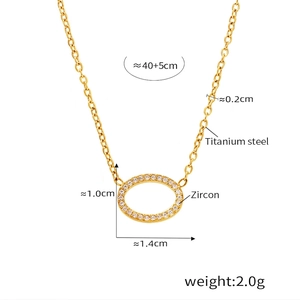 Detail of 18k gold plated titanium steel necklace with sparkling zircon oval pendant