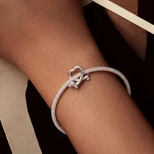 S925 sterling silver dachshund dog and hollow heart charm bracelet with mesh band