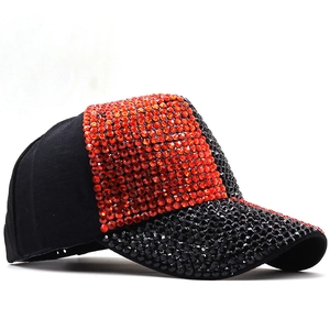 Glittery baseball cap for women with red and black rhinestones on a black fabric base