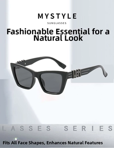 Detail of polarized cat-eye sunglasses featuring silver hollow metal logo on the temple